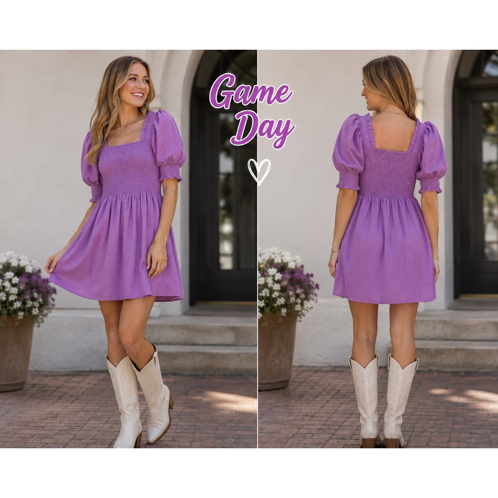 1.STATE Dress Women S Purple Smocked Puff Sleeve Square Neck Mini Ruffle Trim